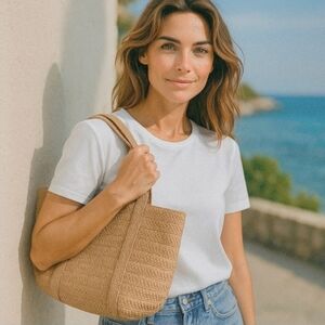 New DRAPER JAMES by Reese Witherspoon Preppy Raffia Straw Woven Market Tote Bag